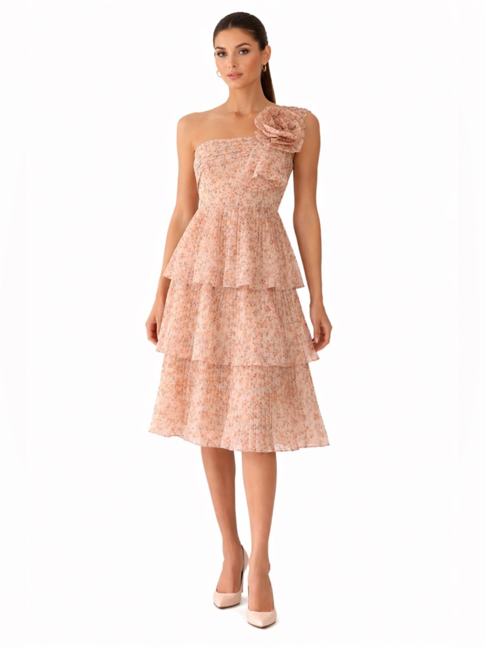 Floral One-Shoulder Tiered Dress pleated